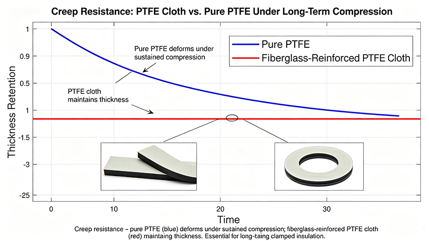 PTFE_Cloth_vs_Pure_PTFE_Long_Term_Compression_Creep_Comparison.png
