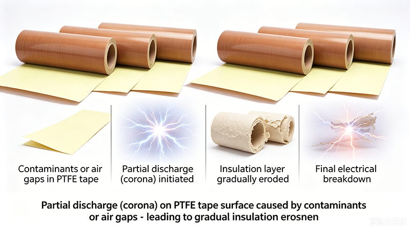 Partial discharge (corona) on PTFE tape surface caused by contaminants or air gaps.png